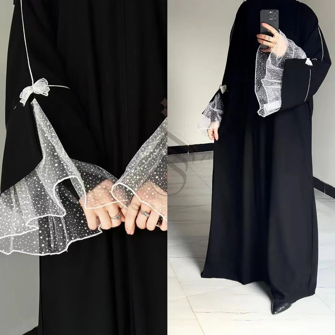 Summer Black Abaya for Muslim Women Elegant Dubai Modest Dress with Lace Sleeves Islamic Vacation Outfit 2025 Turkey Kaftan Robe.