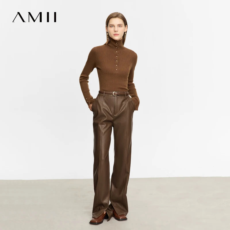 AMII Minimalist Casual Pants for Women 2025 Autumn Clothing PU Leather Loose Straight Pants Slit Office Lady Trousers 12343250.