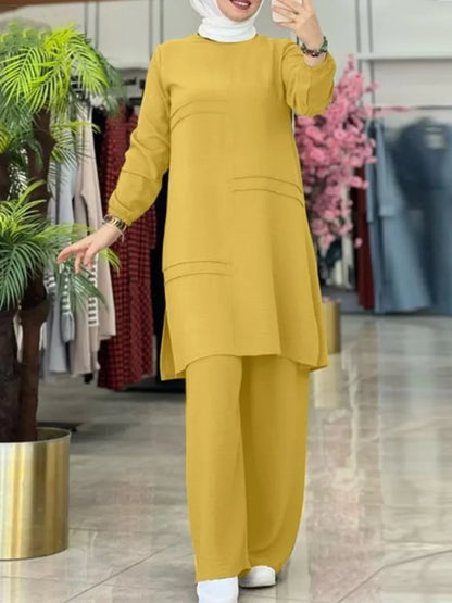 Ramadan Two Piece Sets Shirt Dress &Pants Women Muslim Suits Shirt Blouse Musulman Ensembles Moroccan Kaftan Islamic Dress Sets.
