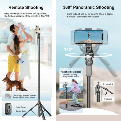 Selfie Stick Tripod with Remote for iPhone Phone Gopro DSLR Camera, 2.0m Extendable Phone Tripod Cold Shoe Mount for Vlog Videos.