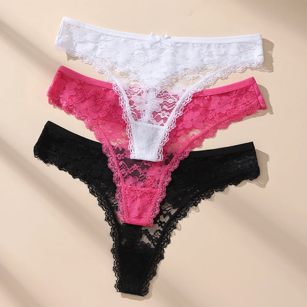 3Pcs Sexy Lace Thong Panties Women Hollow Floral Embroidery Underwear Low Waist Breathable Transparent Lingerie Briefs.