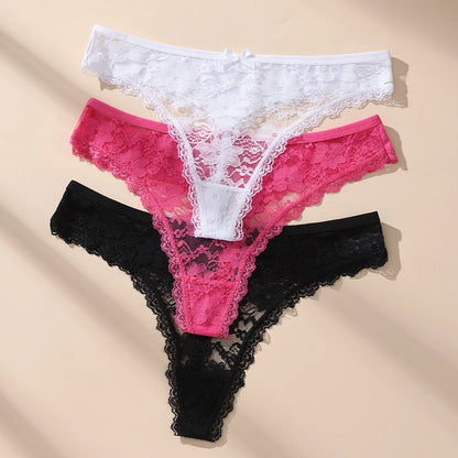 3Pcs Sexy Lace Thong Panties Women Hollow Floral Embroidery Underwear Low Waist Breathable Transparent Lingerie Briefs.