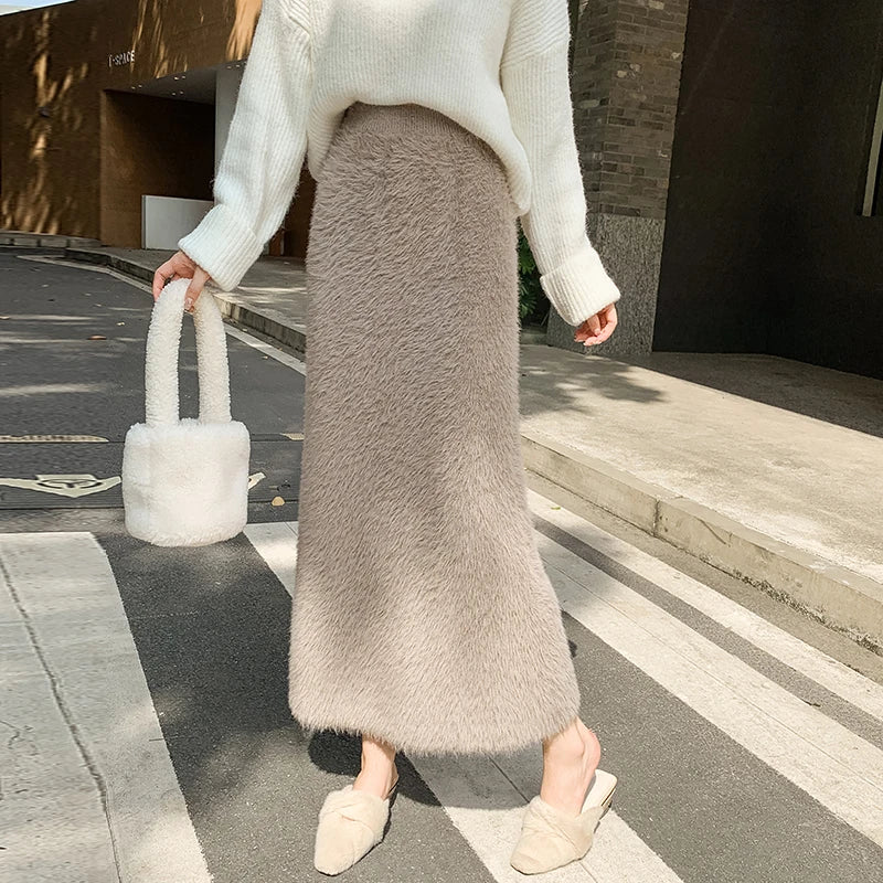 Autumn Winter New Knit Long Skirt Women Casual Thick Korean High Waist Soft A-Line Skirt