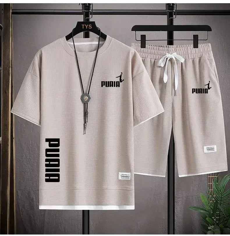 Summer 2025 Men's breathable fitness set, round-neck sports short-sleeved T-shirt + casual running shorts, 2-piece set, M-3XL.