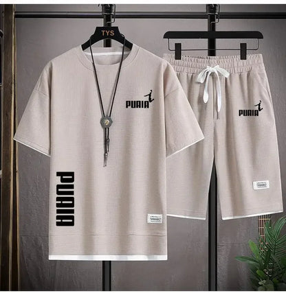 Summer 2025 Men's breathable fitness set, round-neck sports short-sleeved T-shirt + casual running shorts, 2-piece set, M-3XL.