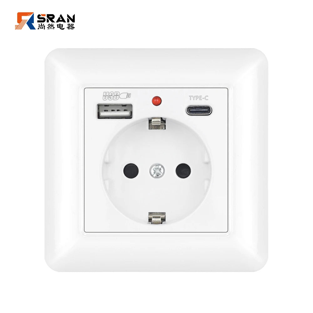 SRAN USB-Wandsteckdose, 20 W, schnelles Laden und 5 V, 2 A, EU-Standard, 82 x 82 mm, flammhemmendes PC-Panel, USB-Typ-C-Kombination