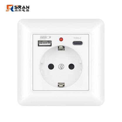 SRAN USB-Wandsteckdose, 20 W, schnelles Laden und 5 V, 2 A, EU-Standard, 82 x 82 mm, flammhemmendes PC-Panel, USB-Typ-C-Kombination