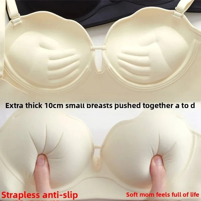 10cm Push Up Strapless Bra Extreme Lift for Small Bust Anti-Slip Silicone Grip Seamless Invisible Design Adhesive Free Plunge.