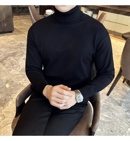 Korean Fashion Autumn Winter Sweaters Men Pullovers Fleece Turtleneck Knitted Sweatshirt Warm Bottoming Shirts