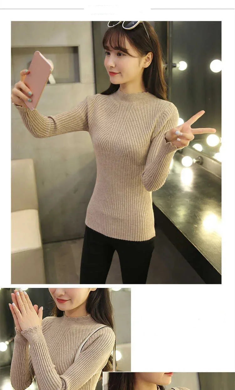 Frauen Mock Neck Rüschen Pullover Langarm Gestrickte Bodenbildung Solide Pullover Frauen Casual Streifen Pullover Herbst Winter 2023.