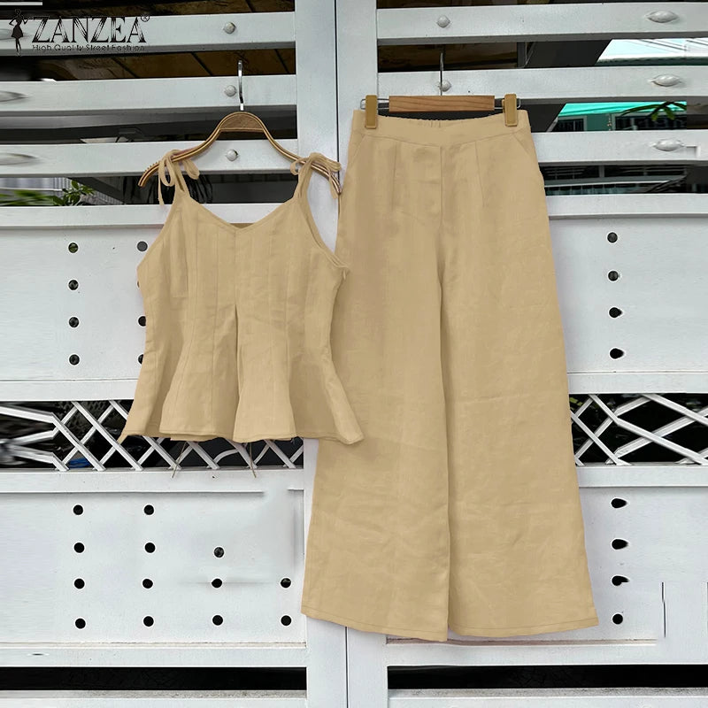ZANZEA Women Stylish 2 Pieces Pant Sets Spaghetti Straps V-Neck Ruffled Camisole Tops & Wide Leg Pants 2pcs Suits Woman Outfits.