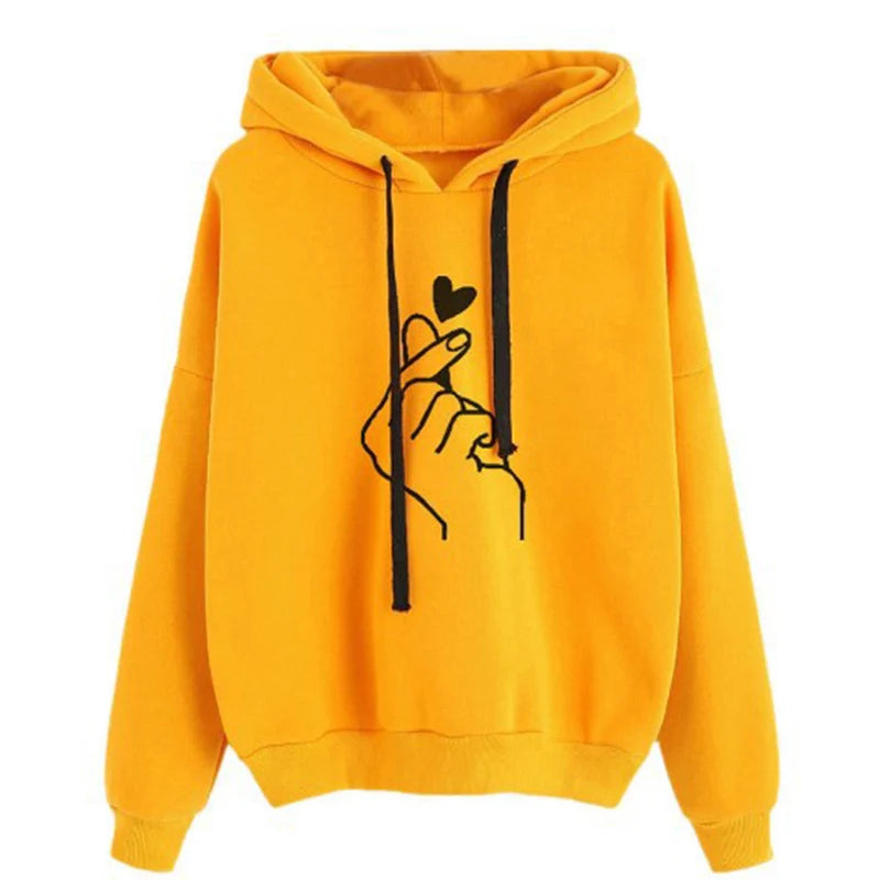 Herbst Fleece Hoodie Einfarbig Finger Herz Mit Kapuze Koreanische Mode Sweatshirts Langarm Top Kordelzug Taschen Lose Hoodies.