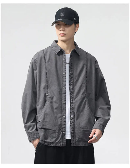 Autumn Fashion Vintage Shirt Style Jacket Men Streetwear Loose Casual Plus Size Washed Cotton Cargo Jacket Man Coat Outerwear.