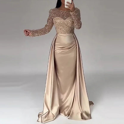 Elegant Satin Sequin Stitching Dress Luxury Glitter High Waist Gala Evening Dress Women Chic Long Sleeve Full Length Party Dress.