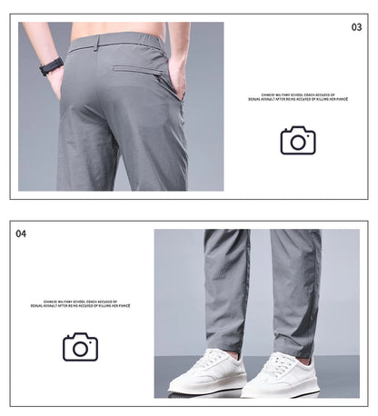 Summer New Business Ice Silk Pants Straight Elastic Waist Black Gray Trousers Breathable Simple Male Clothing Casual Suit Pants.