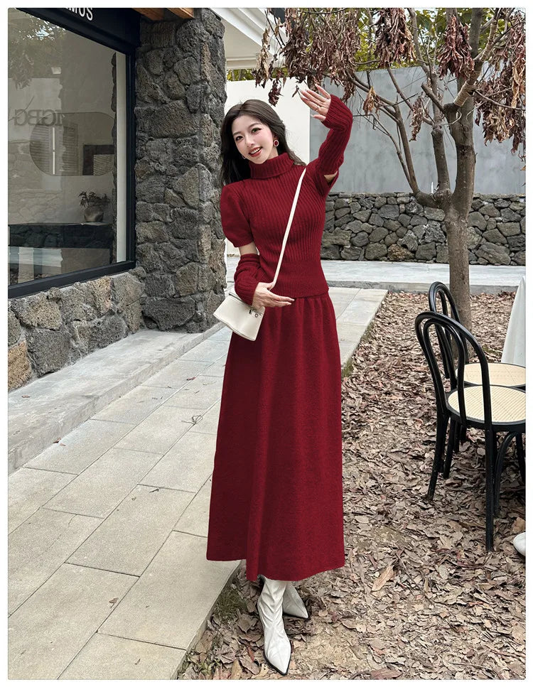 VigoAnne Spring Autumn 2025 Turtleneck Knit Woman 2 Piece Set Casual Solid High Waist Skirts Suits Korean Lady Long Dress Suit