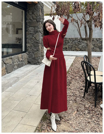 VigoAnne Spring Autumn 2025 Turtleneck Knit Woman 2 Piece Set Casual Solid High Waist Skirts Suits Korean Lady Long Dress Suit