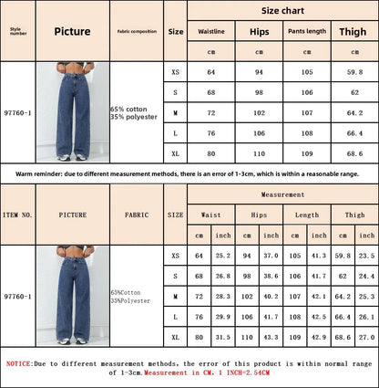 American Style High Waist Wide Leg Jeans Women's Spring New Loose Slim Straight Floor-Length Denim Pants.