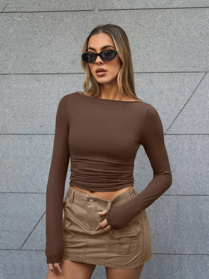 Summer Spring Slim-fitting Women's Clothing New One-neck Long-sleeved T-shirt Blouse Top Skinny Solid Color Tee