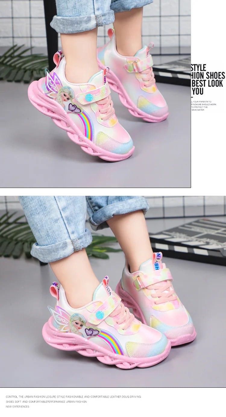 Disney Girls' Casual Shoes Led Lights Mesh Breathable Children's Sports  Princess Elsa Pink Purple Shoes Sneakers Size 22-37.