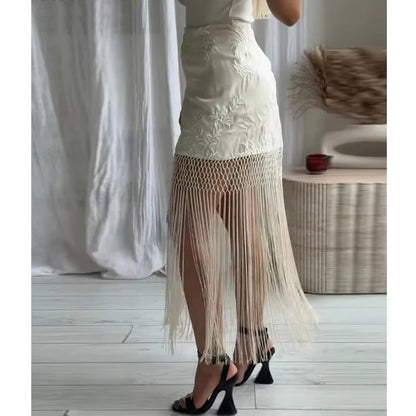 MUJER Embroidery Lace Long Skirt Woman High Waist Midi Skirts for Women Summer Beach Skirt Woman Tassel Women's Skirts Cylinder.