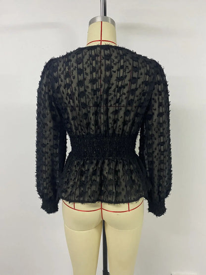 European New Fashion Women's Sexy Solid Color Elegant Casual Trendy V-neck Long Puff Sleeve Slim Pullover Shirts Female Clothes.