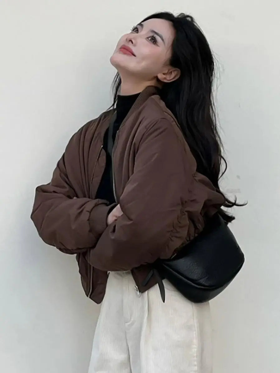 Damen-Bomberjacken, locker, einfarbig, kurz, Winter, braun, für Damen, Baseball-Fliegermäntel, günstige Angebote, neue Produkte, hübscher, schicker Luxus.