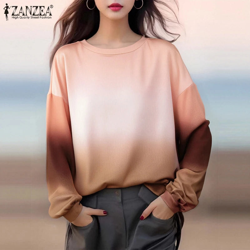 ZANZEA Plus Size Sweatshirts Women Long Sleeve Autumn Fashion Hoodies Gradient Color Round Neck Causal Loose Pullovers 2025 5XL.