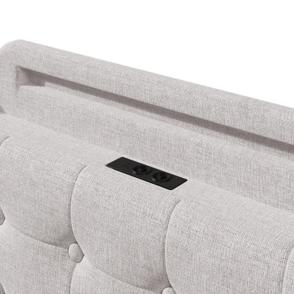 140*200cm Polsterbett mit LED-Lichtleiste und mehreren Ablagefächern, für Schlafzimmerwäsche, Beige (ohne Matratze)