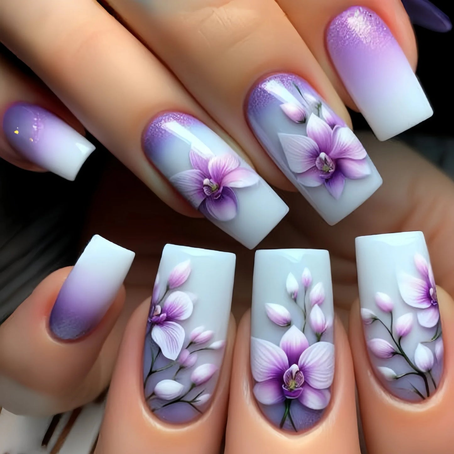 24pcs 3D Flower Press on Nails French Square False Nails Wearable Stick-on Nail Fake Nails Uñas Postizas Накладные Ногти 네일팁.