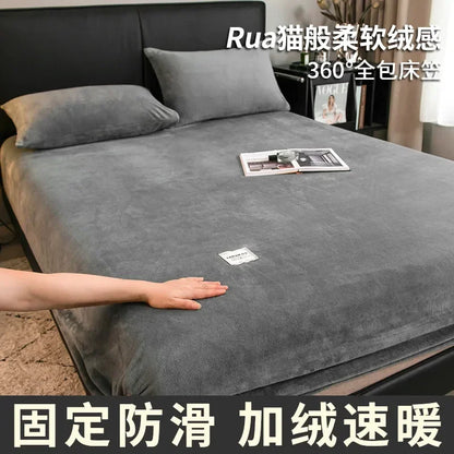 Warm Plush Fitted Sheet Elastic Mattress Cover Fluffy Velvet Fleece Bed Linen Couple Thermal Double Bed Not Included Pillowcase.