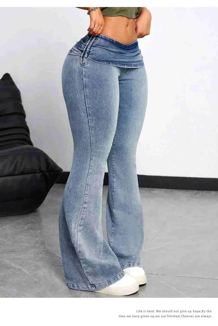 Sexy Peach Hip Jeans Women's Tight Elastic Trousers Slimming Booty Lifting High-Waisted Micro Bell Bottom Pants.