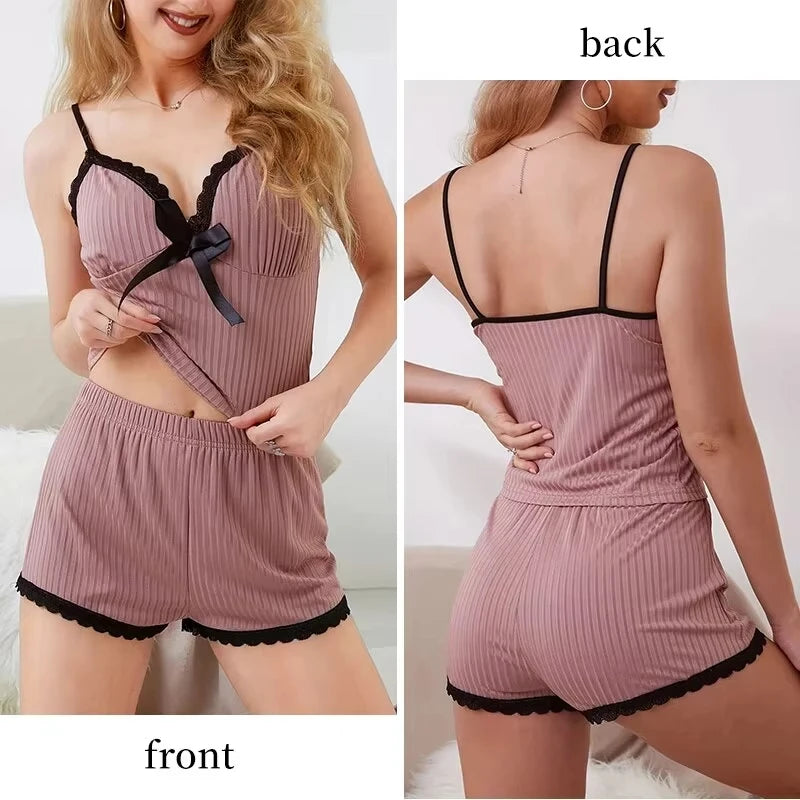 Neues sexy geripptes Pyjama-Set für Damen mit Spitzenbesatz, Cami-Top und Shorts, zweiteilige Nachtwäsche, Loungewear, V-Ausschnitt mit Schleife, Spaghettiträger.
