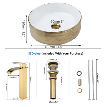 Kemaidi 14.6 ''Gold rundes Gefäß Waschbecken mit Wasserhahn Keramik Gefäß Waschbecken Waschbecken über Theke Gefäß Waschbecken