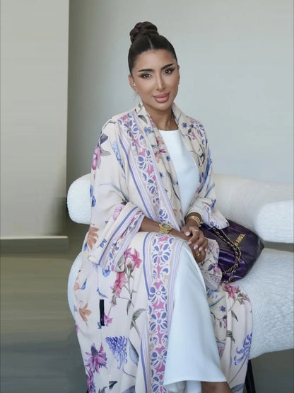 Eid Frauen Abaya Blume Drucken Offene Strickjacke Schal Party Kleid Muslimischen Langarm Jalabiya Ramadan Abayas Kaftan Arabischen Lange Robe.