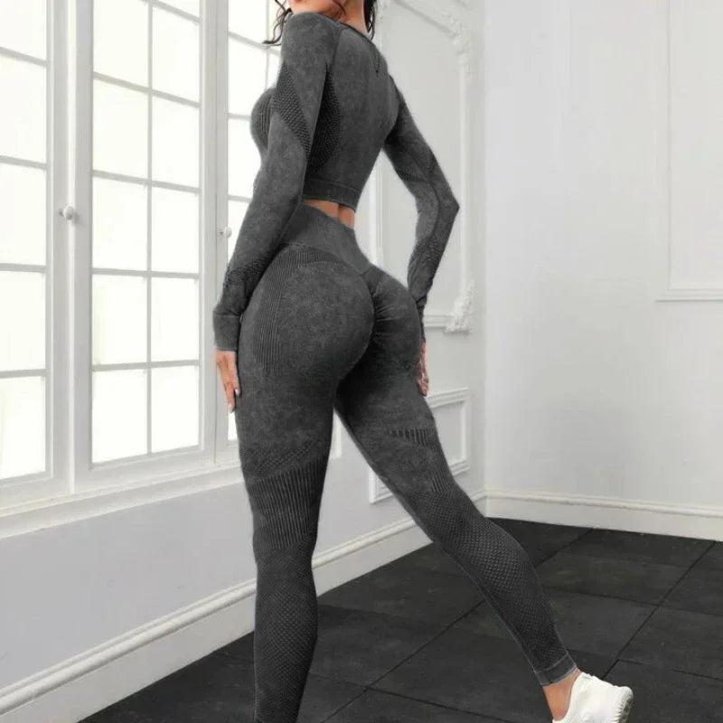 2 Piece Acid Wash Gym Set Women Seamless Long Sleeve Leggings Tracksuit Sports Fitness Suit Scrunch Workout Clothes Yoga Outfits.
