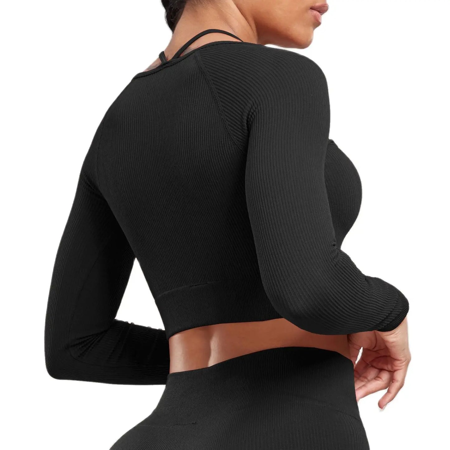 CHRLEISURE Ribbed Seamless Crop Top Women's Long Sleeve Sports Shirt  Elastic Slim Workout Tee Outdoor Yoga Shirts Gym Wear.