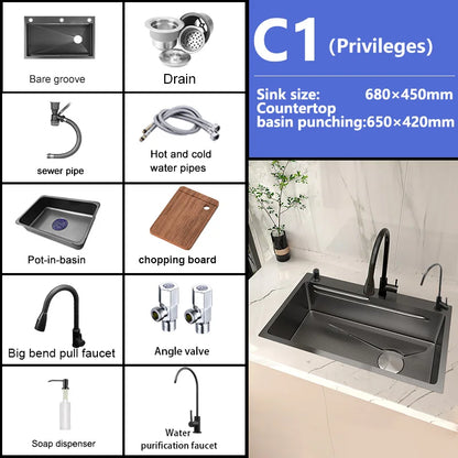 Stainless Steel Kitchen Sink Embossed Large Single-Slot With Kitchen Faucet Multifunctional Washbasin for Apartment