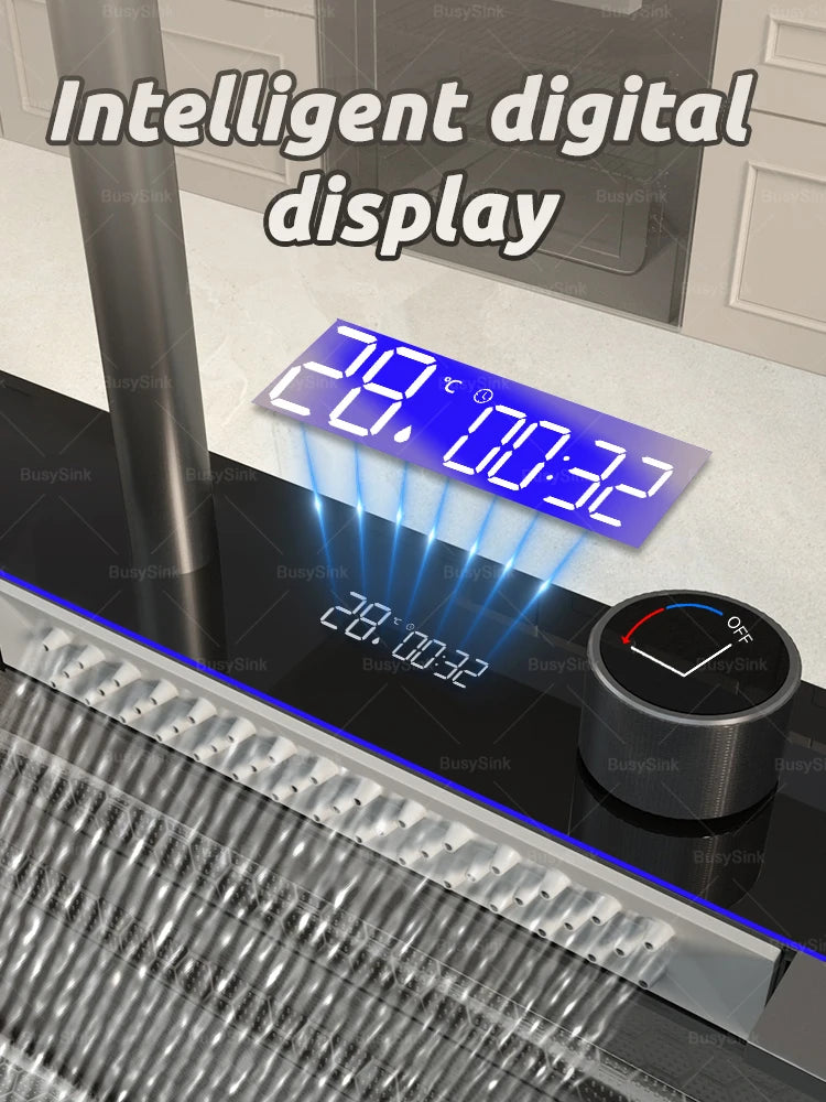 Extra Large Single Bowl Stainless Steel Waterfall Kitchen Sink Digital Display Multifunctional Household Vegetable Washing Sink