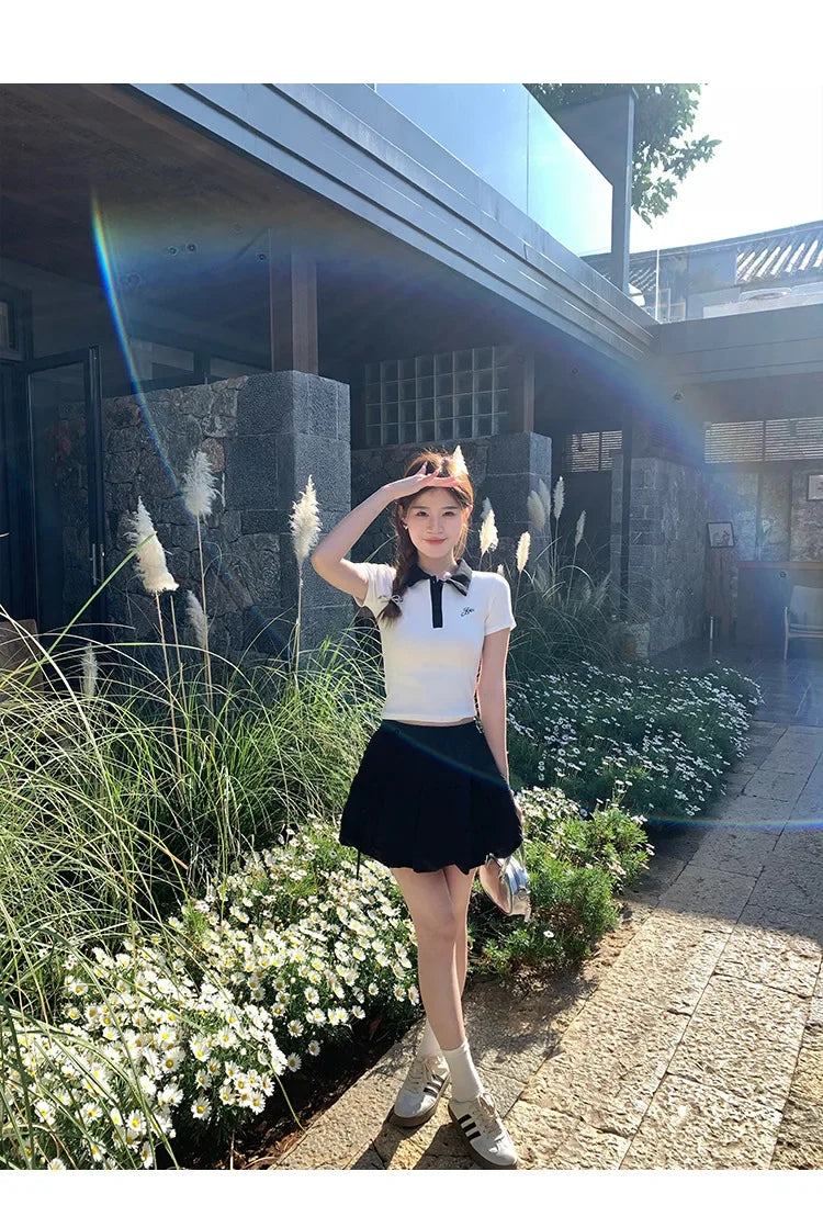 Women's Slim Fit Short Sleeve Polo Shirt Summer New Color Collision Design Red T-Shirt Top Fashionable Casual Business Wear.