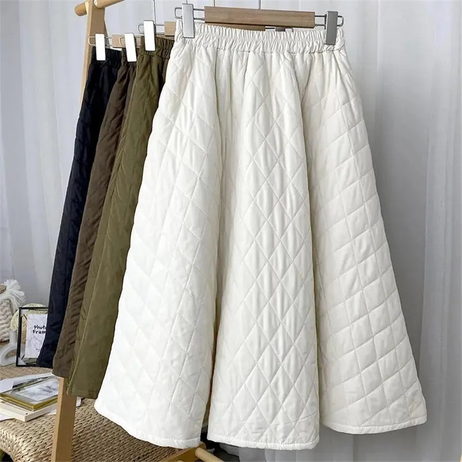 Autumn Winter Cotton Quilted Skirt Warm Womens A-line Faldas Vintage Thicken High Waist Saias Korean Fashion Knee-length Skirts