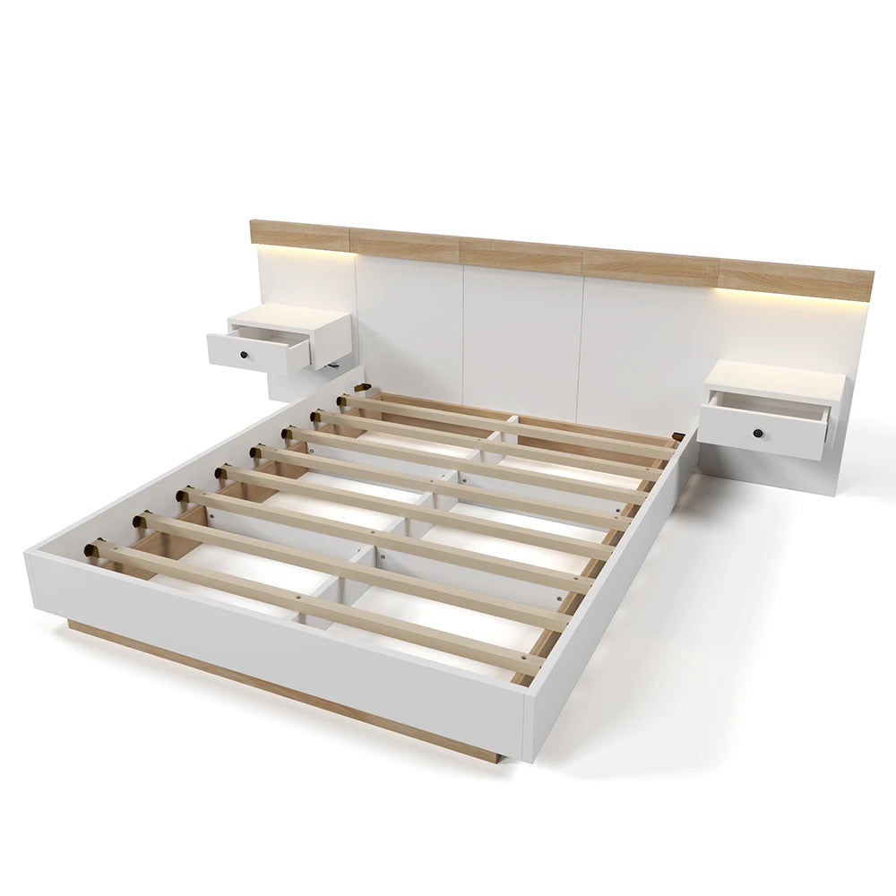 KOMHTOM Doppelbett-Bettkasten mit 2 LED-Nachtkommoden & USB-C-Steckdose, 180 x 200 cm Holzbett inkl (ohne Matratze)