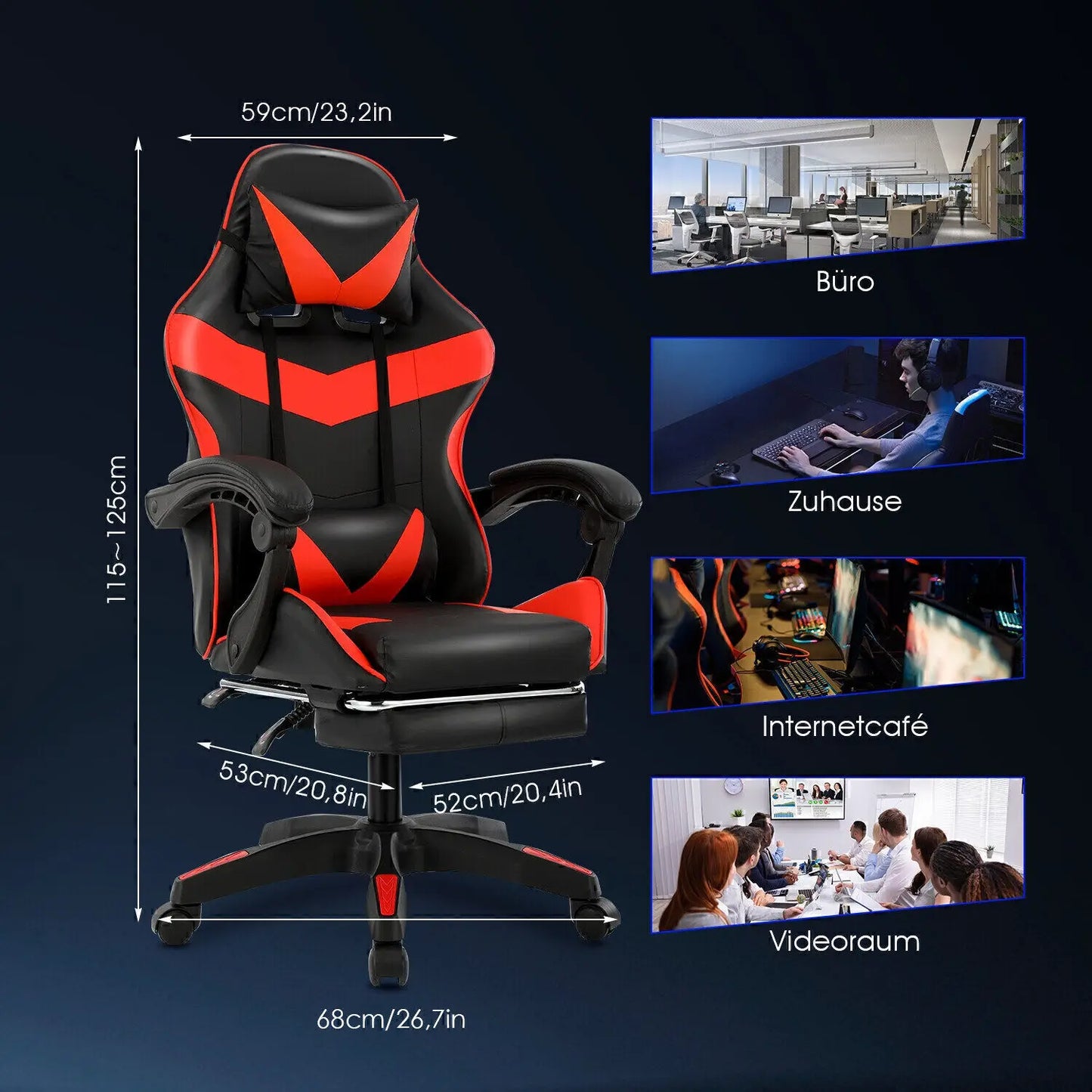 Bürostuhl Ergonomisch Gaming Stuhl Massage Gaming Sessel mit Kopfstütze Massage-Lendenkissen, Gepolstert Gaming Chair, Drehsessel,150kg Kapazität,Schwarz Rot