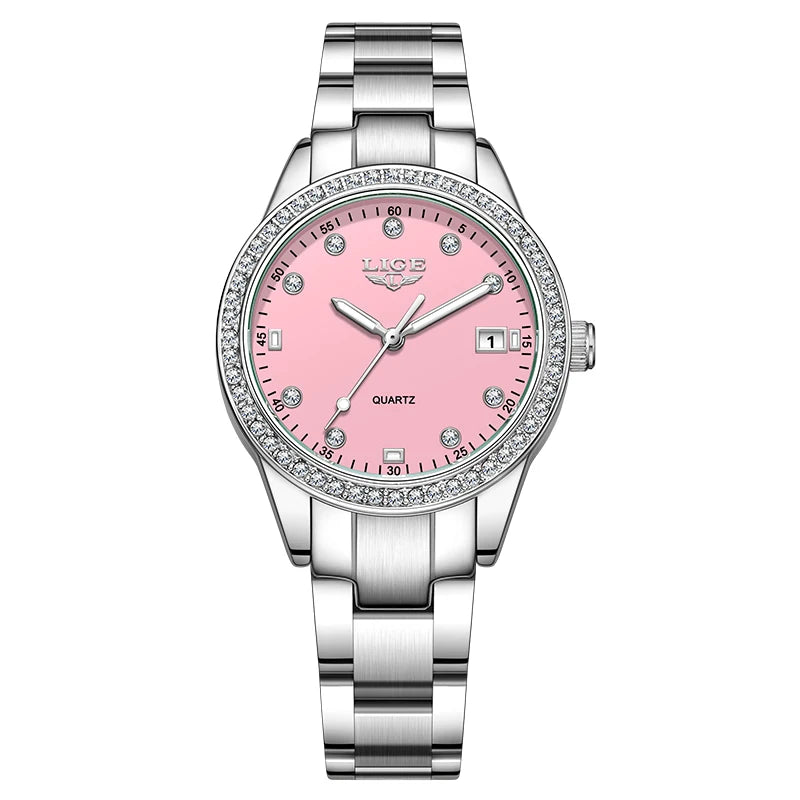 LIGE 2025 Diamond Women's Watch Fashion Elegant Quartz Wristwatches Waterproof Steel Strap Watch For Ladies Gifts Reloj Mujer