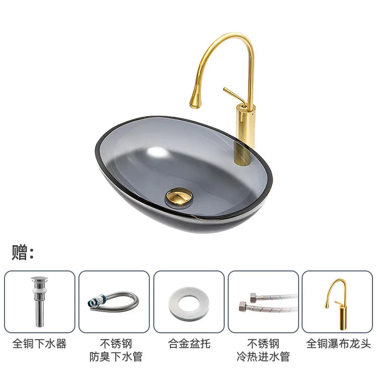 Farbiges, transparentes Badezimmerwaschbecken aus gehärtetem Glas, Hotel, modernes Aufsatzwaschbecken, Waschbecken mit Wasserfall-Wasserhahn, 49 x 35 x 13 cm