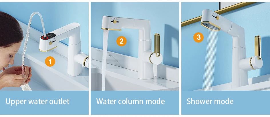 VGX Multifunctional Bathroom Faucets Pull Out Basin Mixer Sink Faucet Gourmet LED Display Tap 360° Tapware Crane Brass Chrome