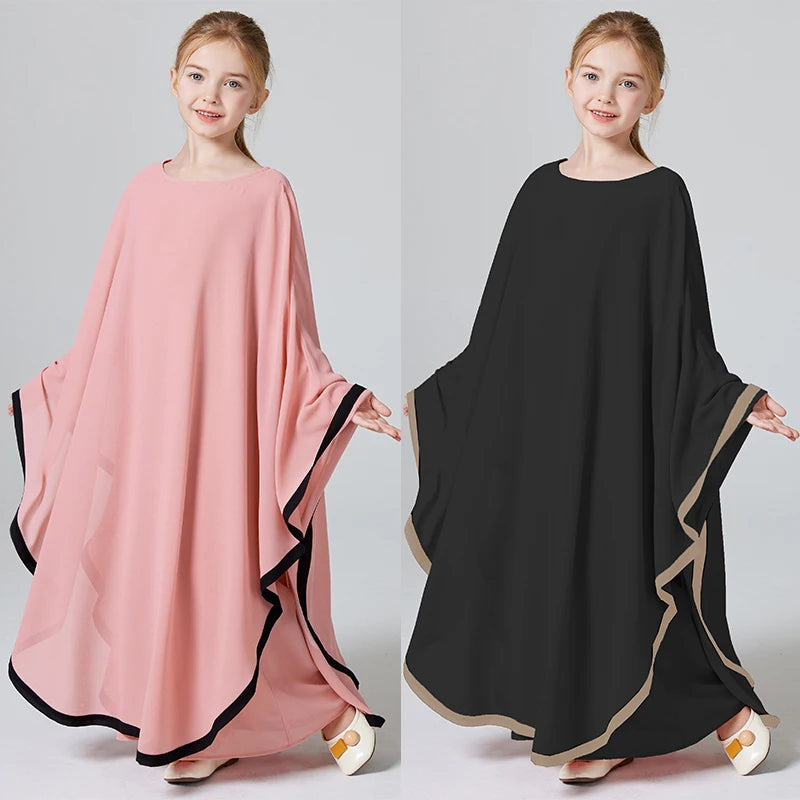 Ramadan Muslim Girls Long Sleeve Chiffon Kids Abaya 2PCS Dress Kebaya Casual Dresses For Party Ramadan Gift (Without Hijab).