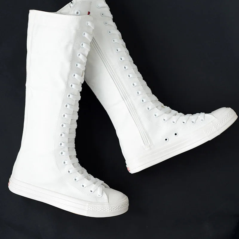 Women Shoe Canvas Casual High Top Shoes Long Boot Lace-Up Zipper Comfortable Flat Boot Sneakers Tenis Feminino Spring Autumn.