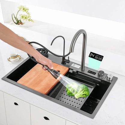 30"*18" Digital Display Waterfall Sink,Multifunctional Workstation Kitchen Sink,Kitchen Sink with Pull-Out Faucet