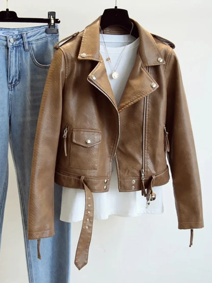 Dünne Jacke mit Gürtel Weibliche Streetwear Leder Mantel Biker Moto Frühling Herbst Frauen Faux Leder Jacke Oberbekleidung Neue Mode.